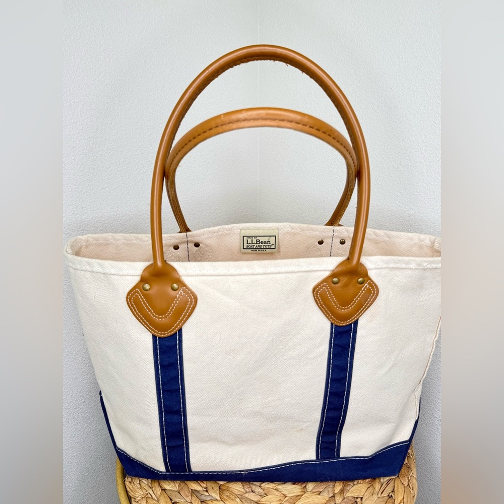 Vtg L.L.Bean ToteBag Leather-Handle Boat & Tote Canvas Carryall structured bag